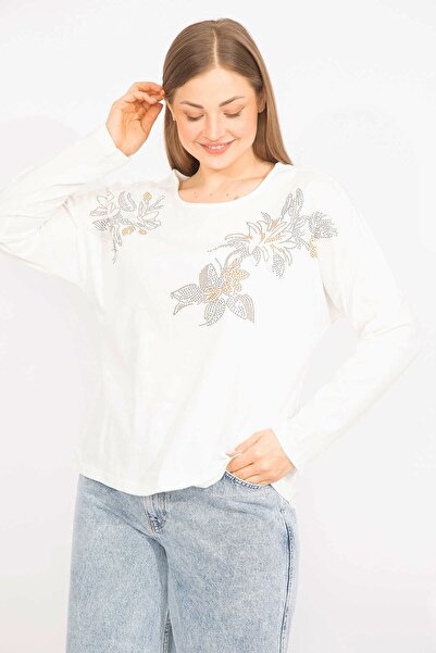 Şans Női csont nagy méretű pamut szövet kő részletes blúz 65n35707