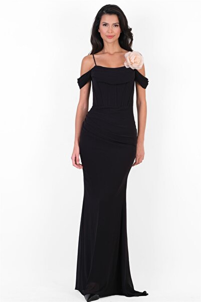 Spazio İnce Askılı Düşük Kol Uzun Abiye Elbise SİYAH