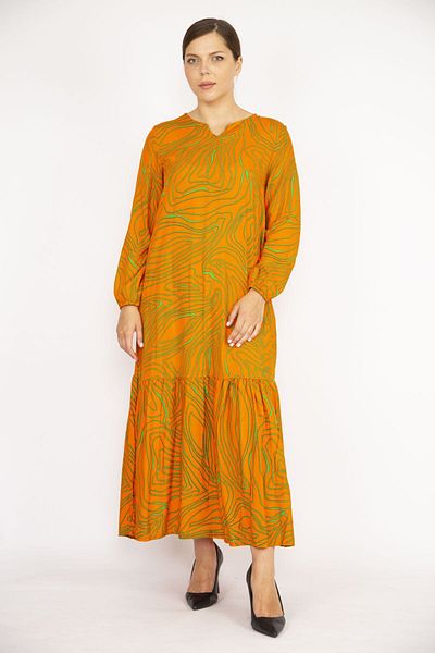 Şans Women's Orange Large Size Woven Viscose Fabric Skirt Layered Long Sleeve Dress 65n36470