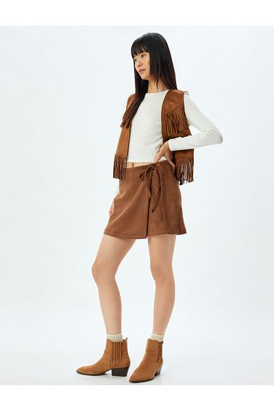 Koton Μίνι Κοντή Φούστα Suede Look - Λεπτομερής γραβάτα