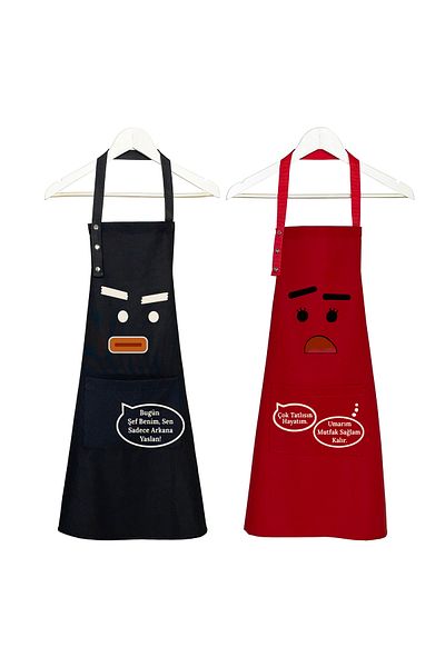 Hulganz Kitchen Apron Set of 2 Black Red Stain Resistant Water Repellent Fabric Women Men Print Dowry Apron