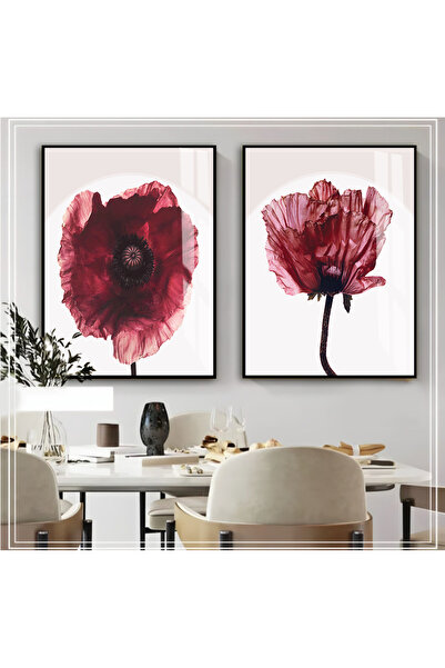 Harika bir ev Hari̇kabi̇rev | Bordo Poppy Flower Combination 01 | Framed Glas...