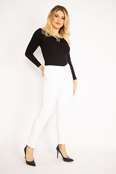 Şans Жіночі джинси великого розміру з кісточками на штанинах, мереживом і перлинками, еластичний пояс з лайкрою 65n34959