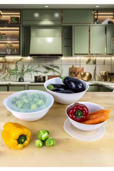 HOMİNG Lena 3-Piece Cream Bowl Set with Lid, 3Lt-2Lt-1Lt