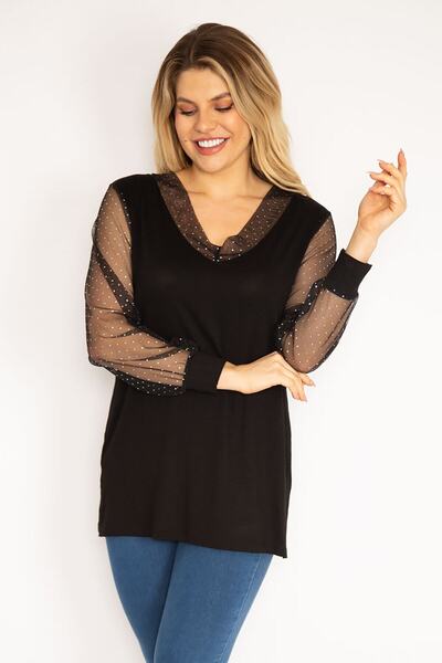 Şans Γυναικείο Μεγάλο Μέγεθος Μαύρο Γιακά και Μανίκια Ασημένια Μπλούζα Τούλι 65n35185