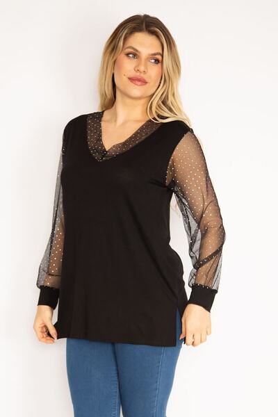 Şans Γυναικείο Μεγάλο Μέγεθος Μαύρο Γιακά και Μανίκια Ασημένια Μπλούζα Τούλι 65n35185