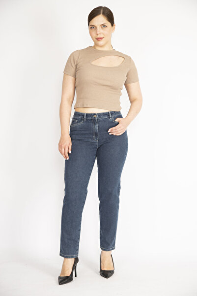 Şans Women's Large Size Navy Blue Front Pocket Lycra Jeans 65N36986