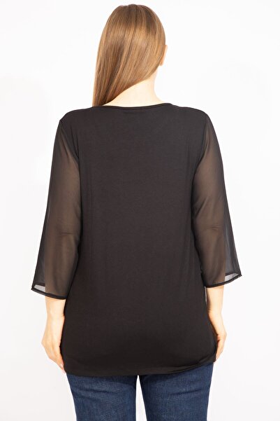 Şans Women's Black Plus Size Sleeves Chiffon Front Print and Stone Detailed Blouse 65n35729