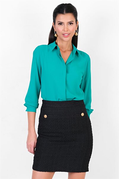 Spazio Lluvy Uzun Kollu Gizli Pat Düğmeli Bluz ZÜMRÜT