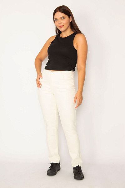 Şans Women's Large Size Bone Side Belt Elastic Lycra 5 Pocket Jeans 65n34144