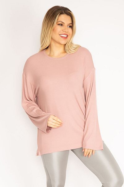 Şans Women's Large Size Powder Crew Neck Self-Striped Lycra Blouse 65n35213