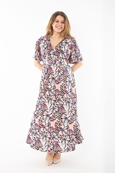 Şans Women's Large Size Color Wraped Collar Long Sleeve Dress 65N37347