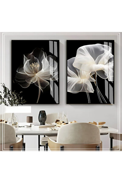 Harikabirev HARİKABİREV|BEYAZ SİYAH RENK ÇİÇEK KOMBİNİ 01 YENİ|ÇERÇEVELİ CAM TABLO  2Lİ DİKEY