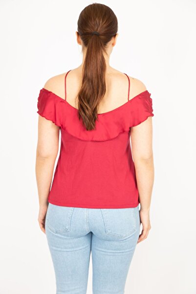 Şans Women's Claret Red Plus Size Cross Strap Collar Flounce Blouse 65n35919