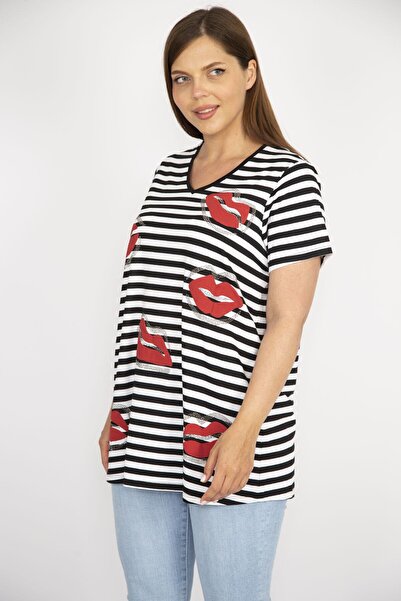 Şans Women's Black Plus Size Stone Detailed V-Neck Striped Blouse 65n36593