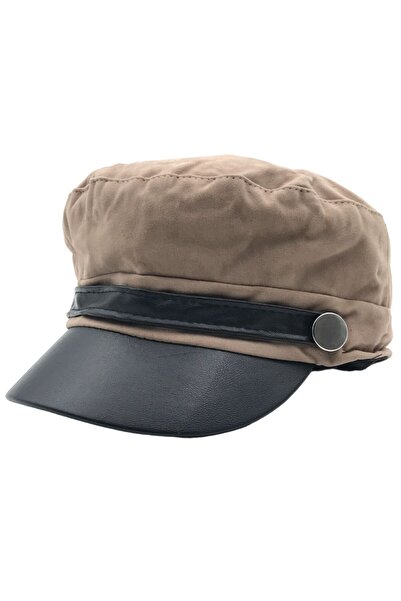 AXE SPORTSWEAR Women's Winter Beige Sailor Type Faux Leather Detailed Soft Textured Suede Captain Cap Hat Hat