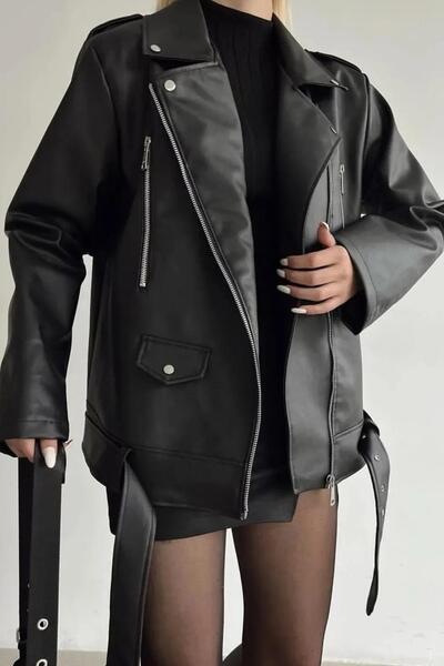 Jaglion Elvera Yeni Sezon Oversize Uzun Kadın Siyah Deri Ceket