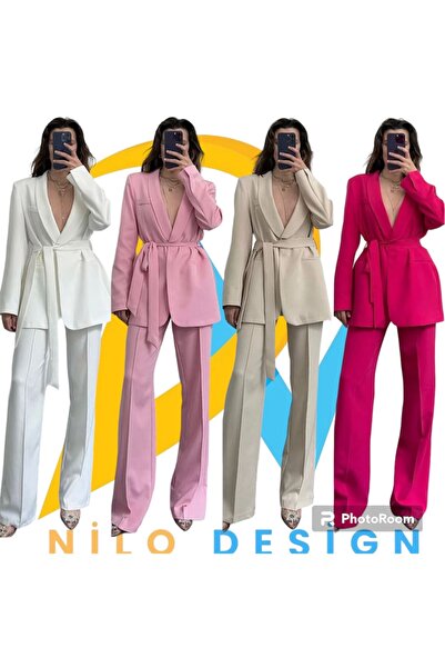 Nilo Kadın Takım Elbise, Kemerli Şal Yaka Blazer Ceket Boru Paça Esnek Pantolon