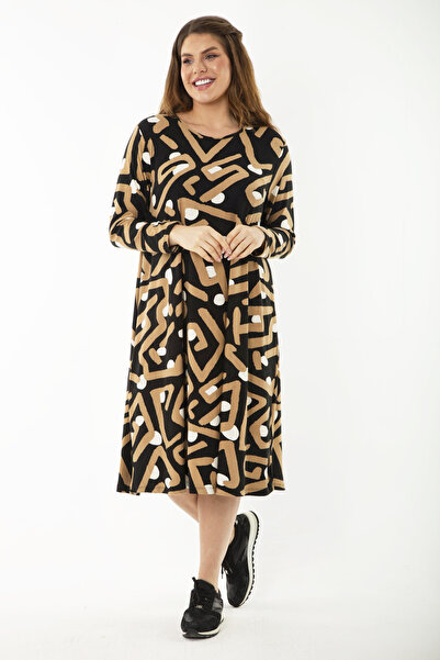 Şans Women's Plus Size Colorful Long Sleeve Patterned Dress 65N37189