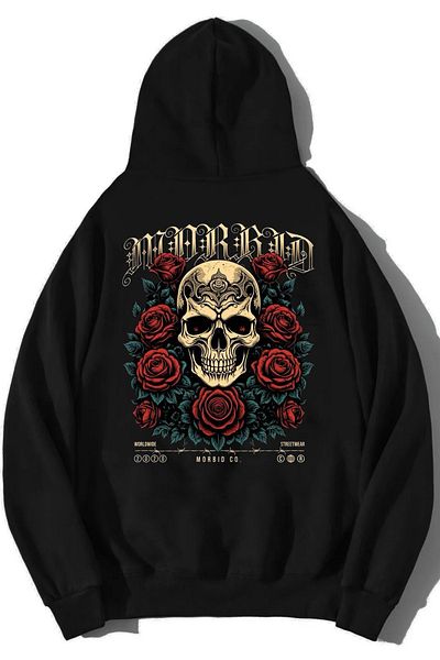 DEEPSENCE Unisex Μαύρη Πόρτα Oversize Φούτερ με στάμπα Rose Skull