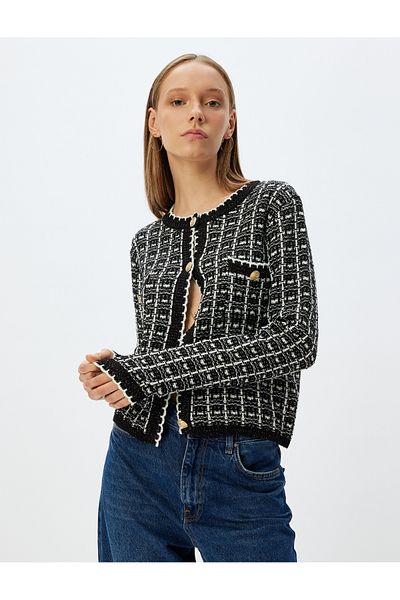 Koton Silvery Knitwear Cardigan with Crew Neck and Buttoned Pocket Detail
