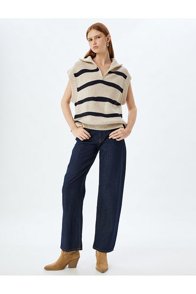 Koton Oversize Knitwear Sweater - Half Zipper, Stand Collar, Sleeveless