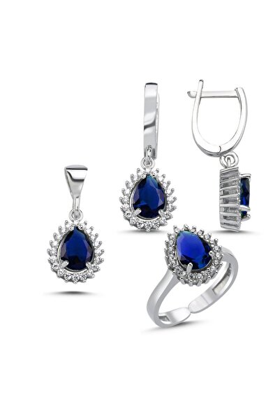 Inure Jewelry 925 Ayar Gümüş Laci Safir Zirkon Taşlı Damla Kesim Halo (KOLYE&...