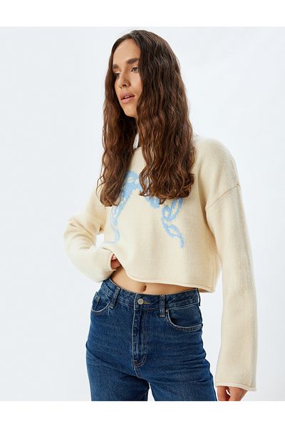 Koton Bow Patterned Oversize Crop Sweater - Crew Neck, Long Sleeve