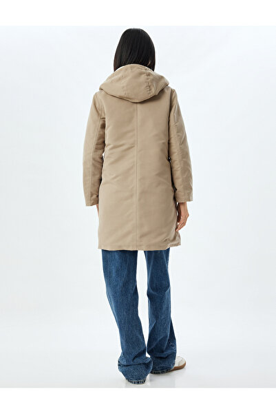 Koton Plush Collar Hooded Parka - Zippered with Buttons and Pockets