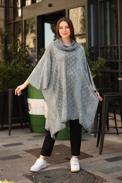 AYASOFYA OTANTIK Γκρι έθνικ μοτίβο Oversize βαμβακερό πλεκτό - Καπέλο τουνίκ με γιακά σάλι