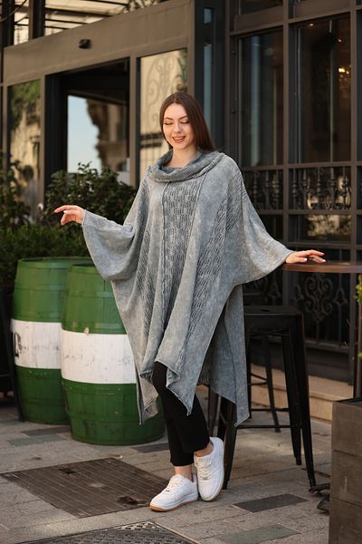 AYASOFYA OTANTIK Γκρι έθνικ μοτίβο Oversize βαμβακερό πλεκτό - Καπέλο τουνίκ με γιακά σάλι