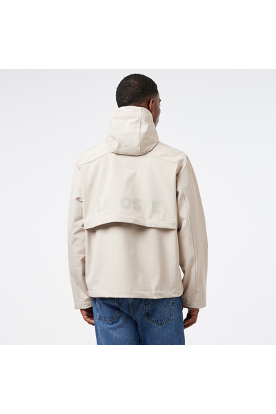 Lacoste Erkek Relaxed Fit Kapüşonlu Baskılı Krem Yağmurluk