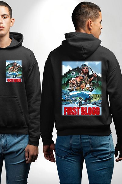 Angemiel Rambo First Blood Movie Poster Black Hooded Pocket Back Printed Sweatshirt for Women Men Unisex