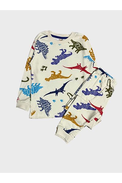 elmas kids Boy's 100% Cotton Ecru Dinosaur Patterned Long Sleeve Pajama Set