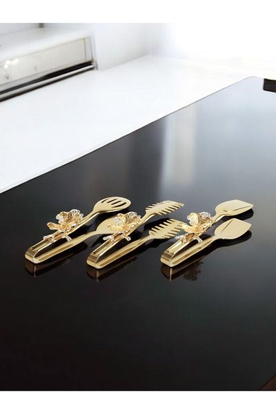 EVSTYLE 304 Quality - Gold Butterfly Handle Triple Tongs Set