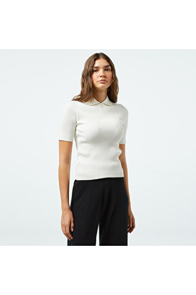 Lacoste Kadın Slim Fit Polo Yaka Beyaz Triko
