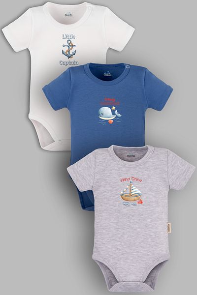 Overoz Organic 100% Cotton Captain 3-Piece Baby Bodysuit Set Baby Bodysuit with Snap Fasteners Triple 5793-5794-5795-m