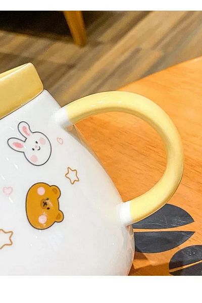 HUN Cute Design - Bunny Figured Mug with Ceramic Lid and Spoon Yellow