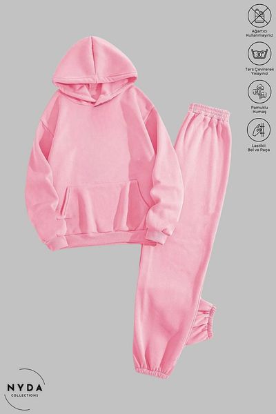 Nyda Collections Ροζ φούτερ με κουκούλα και ελαστικό Jogger Sweatpants - Σετ βαμβακερή φόρμα oversize