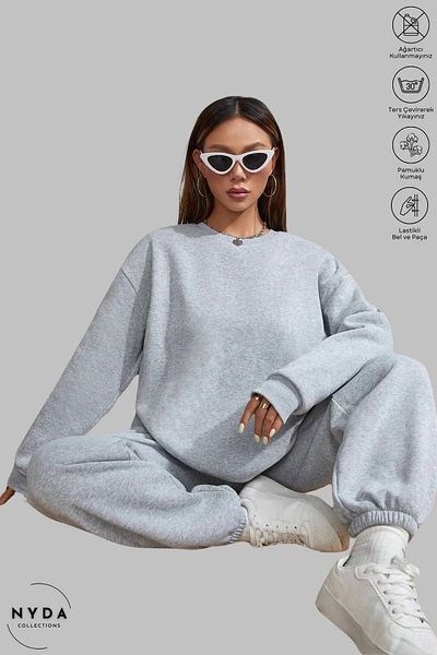 Nyda Collections Oversize βαμβακερή αθλητική φόρμα - Φούτερ με λαιμόκοψη και φούτερ με τσέπες