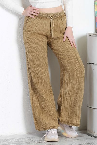 Chiccy Culoarea muștarului, cu buzunar dublu, elastic și cu cravată în talie, pantaloni țesuți casual din muselină cu picioare largi