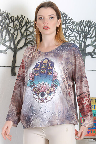 Chiccy Italian Multicolor Pool Collar Long Sleeve Digital Printed Casual Knitwear Blouse