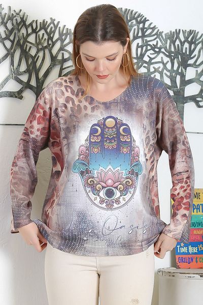Chiccy Bluză tricotată casual cu mânecă lungă, cu decolteu de piscină, multicoloră, imprimată digital