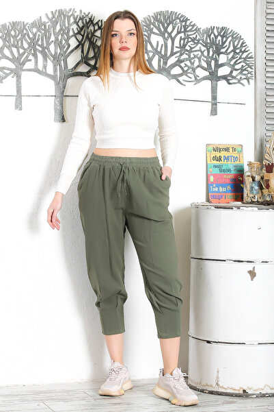 Chiccy Haki Çift Cepli Lastikli Ve Bağlamalı Bel Kısa Paça Casual Pamuk Dokuma Pantolon