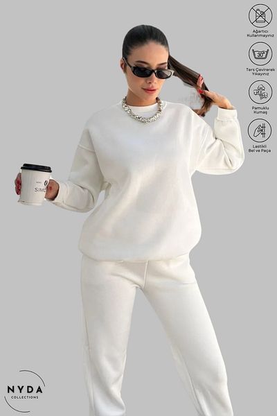 Nyda Collections Λευκό φούτερ με λαιμόκοψη και σετ φόρμας Jogger - Oversize, ελαστικό, βαμβακερό