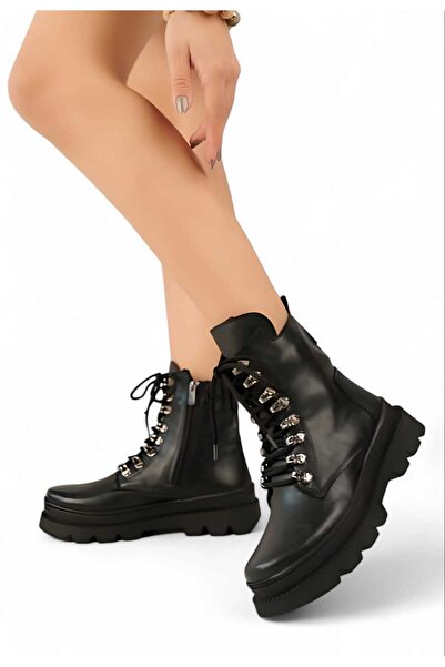 Karanshoes Αντίγραφο - Αδιάβροχες μπότες μαύρες με κορδόνια με φερμουάρ και ραμμένη σόλα