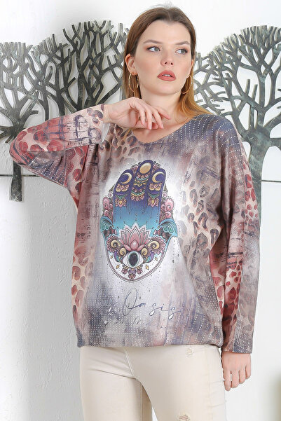Chiccy Italian Multicolor Pool Collar Long Sleeve Digital Printed Casual Knitwear Blouse