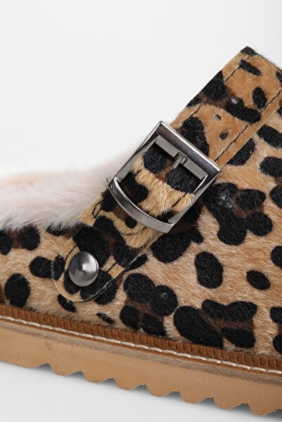 Shoeberry Dámské semišové ploché pantofle Saboi leopardí s kožíškem uvnitř