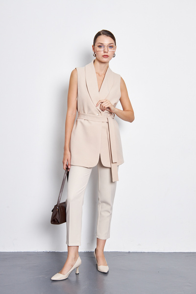 SIMO CLUB Kadın Şal Yaka Önü Tek Düğmeli Kuşaklı Yelek