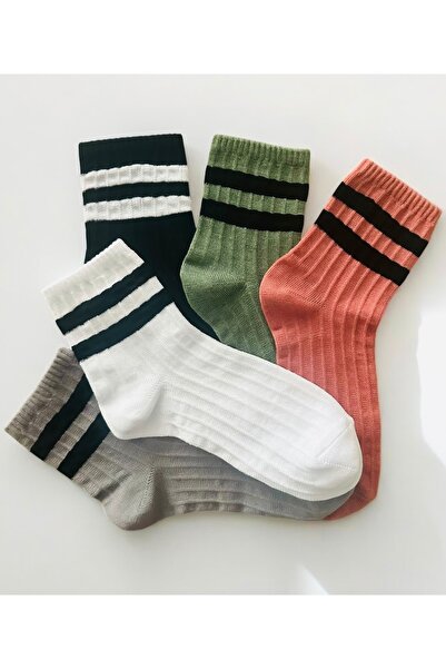 Çorabistaan 5 Çift Çok Renkli Çemberli Çizgili Yarım Konç Kadın Kolej Çorap Y...